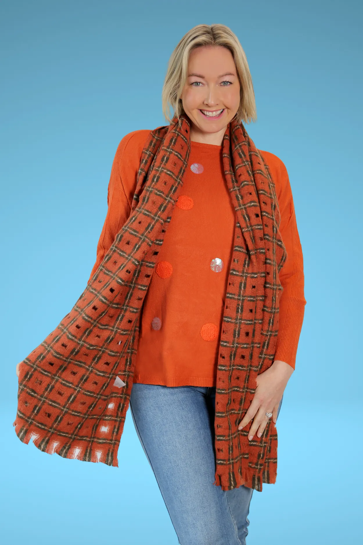 Wool and Cashmere Scarf in Rust Check