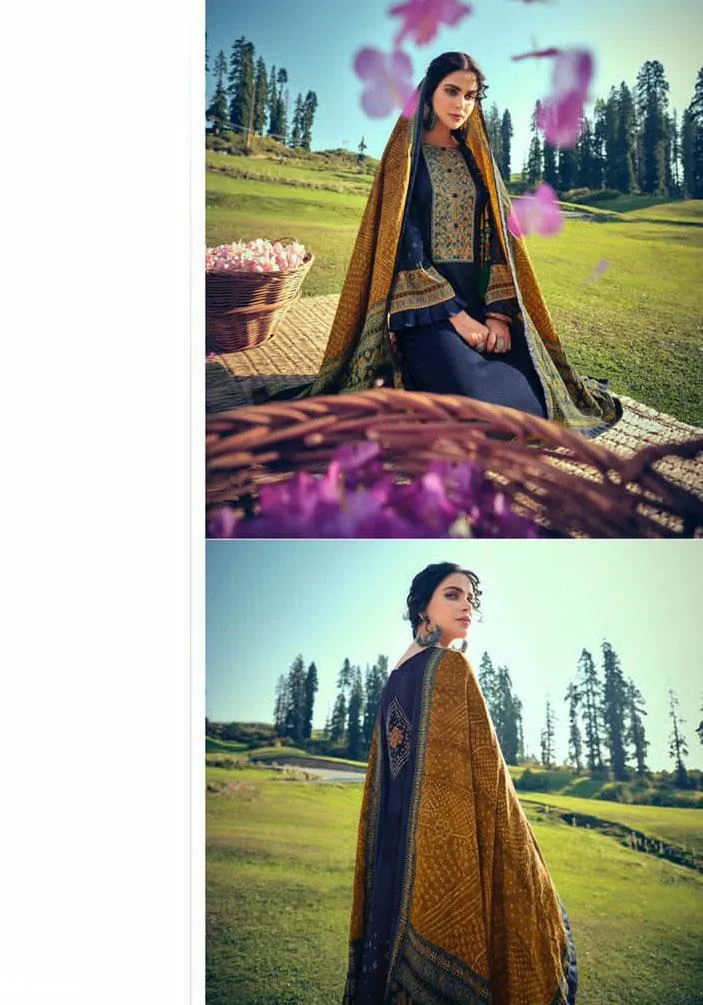 Woolen Pashmina Blue Winter Unstitched Suit With shawl