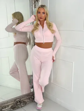 Zip Up Flared Ribbed Loungeset - Pink