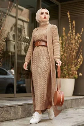 ZRF Women Knit Milk Coffee Cardigan Dress Suit - Tamworth